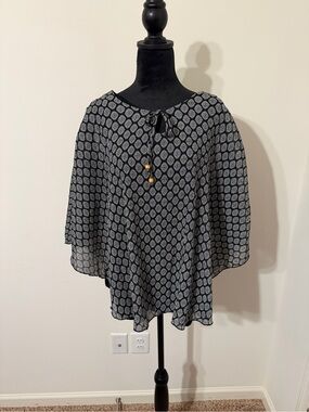 Black Patterned Tie-Neck Blouse with Gold Bead Accents